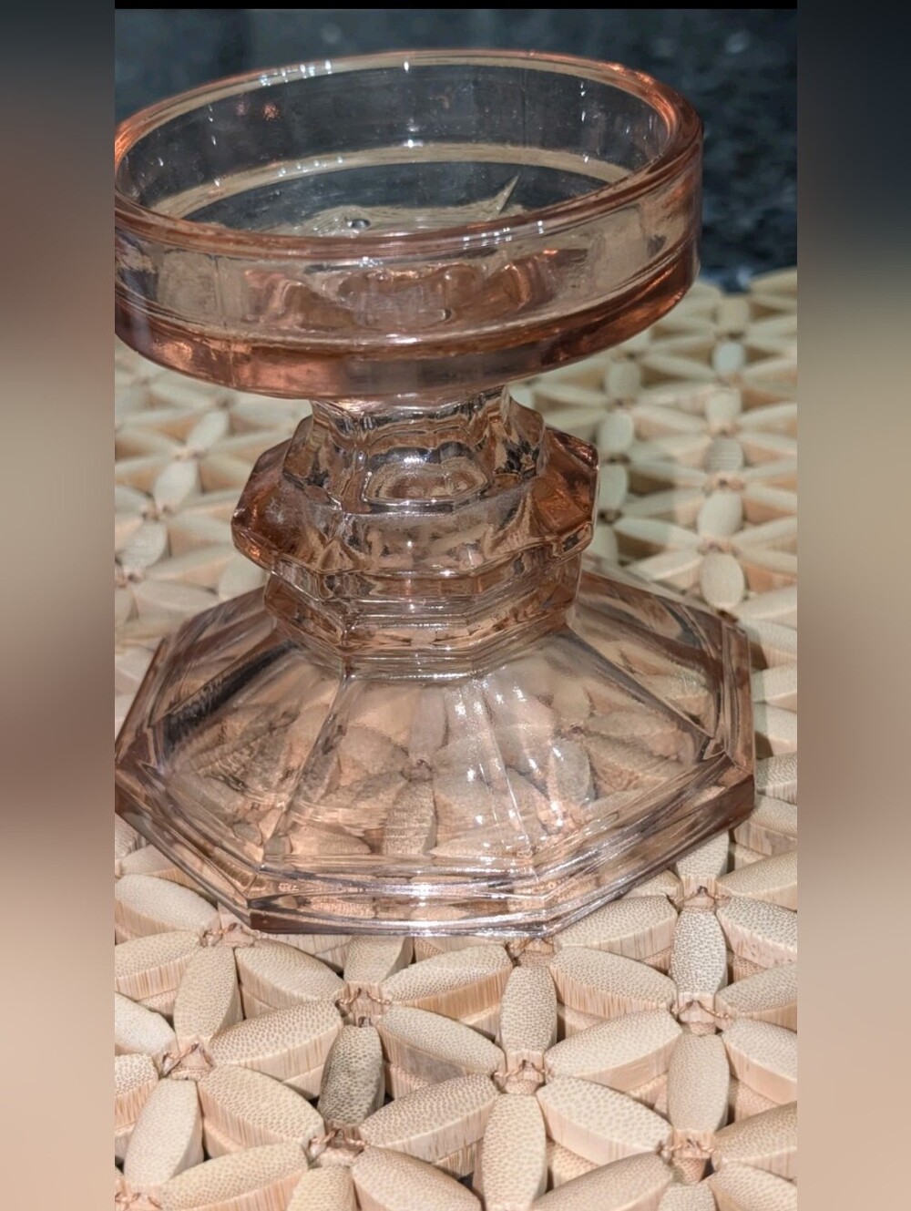 Vintage LE SMITH Glass Pink Pedestal Candle Holder Reversible Pillar Taper